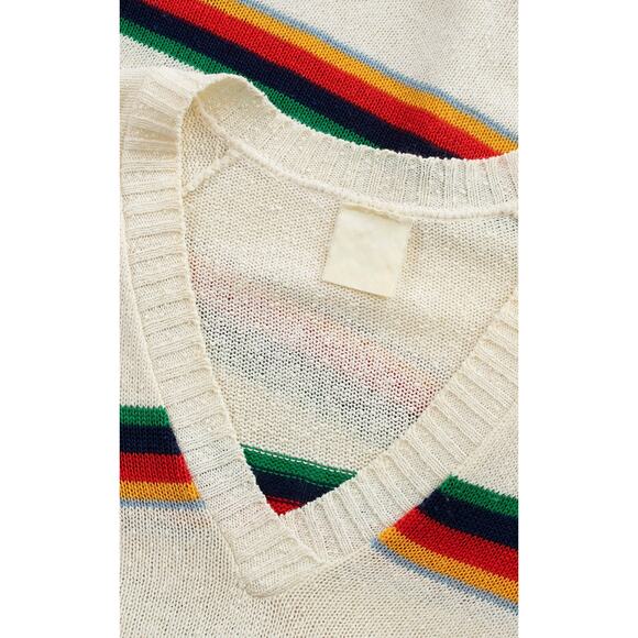 Vintage 1970s Sweater 70s Rainbow Striped Cream Knit Retro Pullover Top - Picture 9 of 9